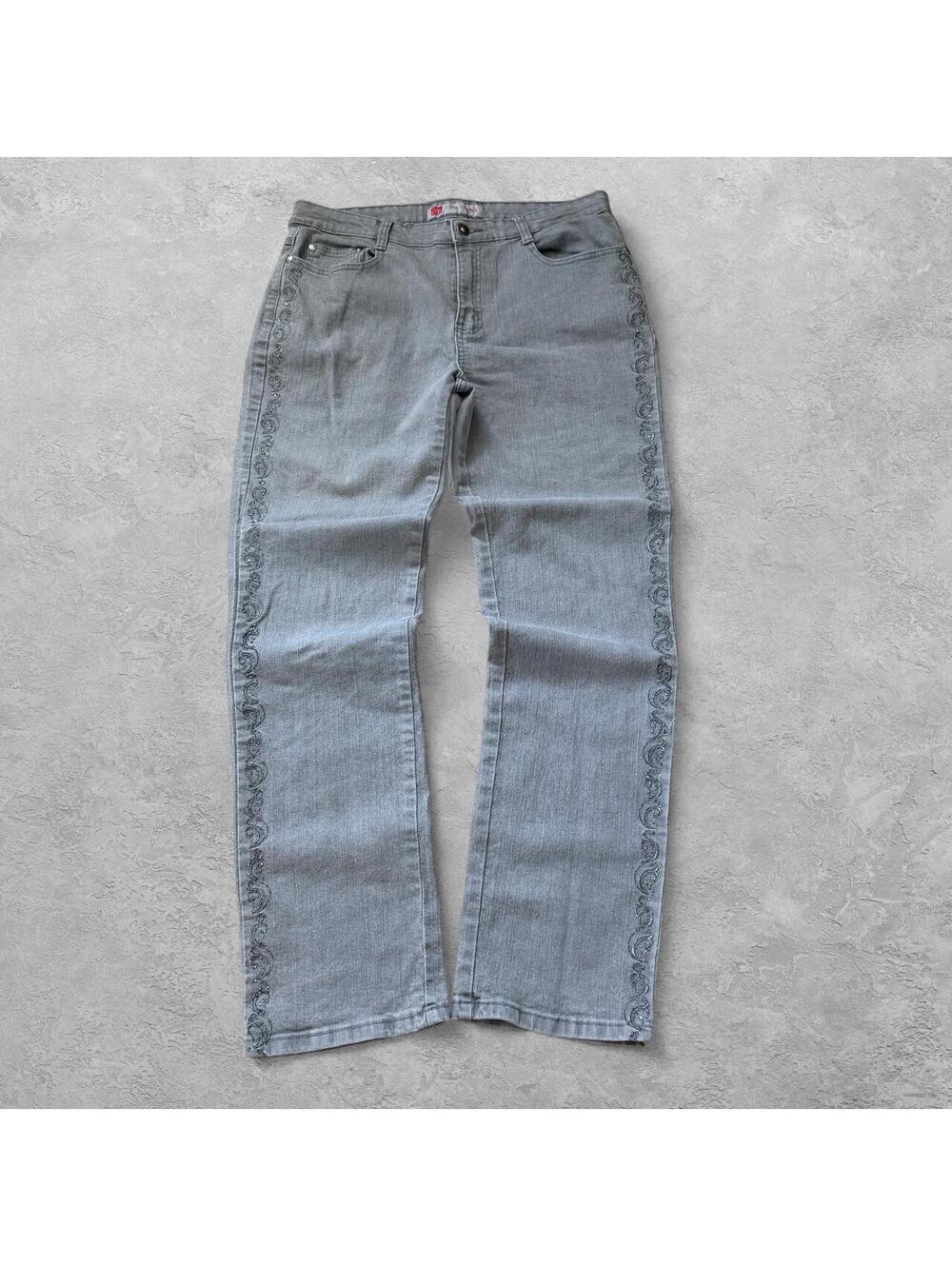 Y2K Cos Jeans Grey Paisley Embroidered Straight Leg Jeans - Sz 12